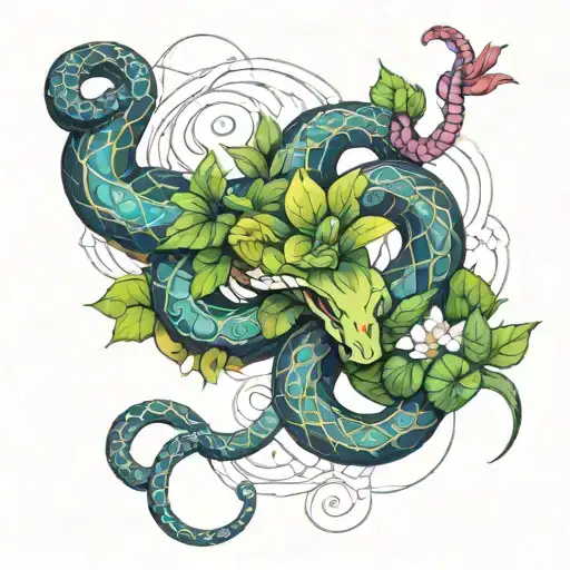An anime-inspired design of a snake intertwined with various crystals and plants, creating a mystical and enchanting scene tattoo design idea