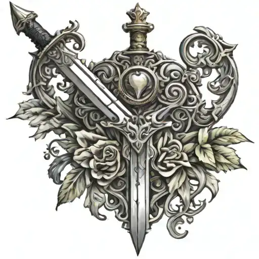 ornate sword with heart motifs tattoo design idea