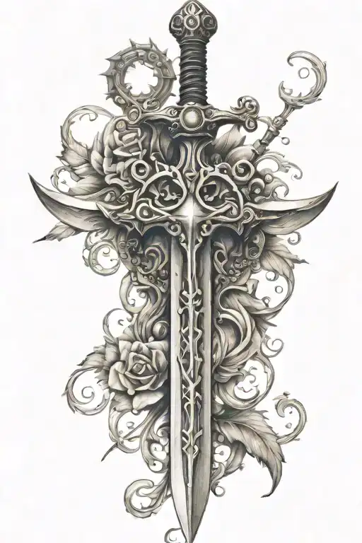 ornate sword with hearts tattoo design idea