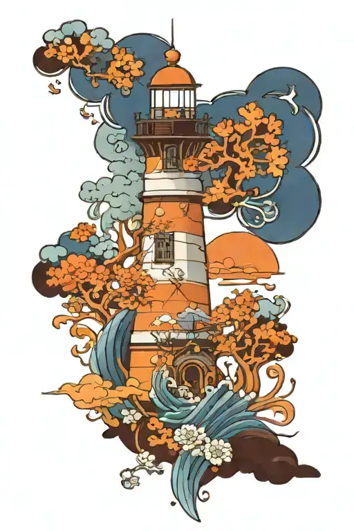 Lighthouse near ocean, in blue and orange, squared around in Porto mosaic style tattoo design idea