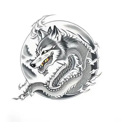 wolf and dragon howling tattoo design idea