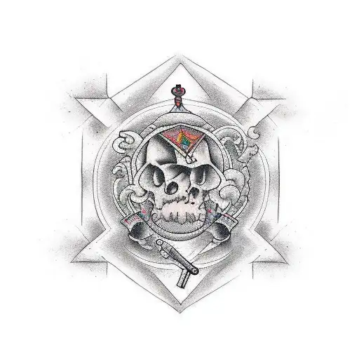 Create a tattoo that blends art creation tools with coding symbols tattoo design idea