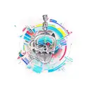 Create a tattoo that blends art creation tools with coding symbols tattoo design idea