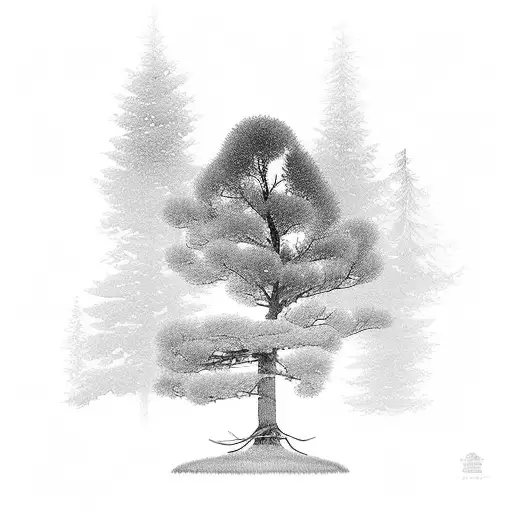 A dotwork design of a serene landscape of up north Michigan, with a white pine tree standing tall in the foreground, and a silhouette of a boxer dog running joyfully in the distance, representing the memories of your grandpas and your loyal companion. tattoo design idea