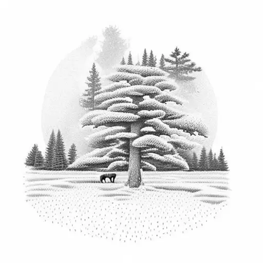 A dotwork design of a serene landscape of up north Michigan, with a white pine tree standing tall in the foreground, and a silhouette of a boxer dog running joyfully in the distance, representing the memories of your grandpas and your loyal companion. tattoo design idea