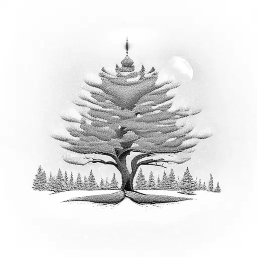 A dotwork design of a serene landscape of up north Michigan, with a white pine tree standing tall in the foreground, and a silhouette of a boxer dog running joyfully in the distance, representing the memories of your grandpas and your loyal companion. tattoo design idea