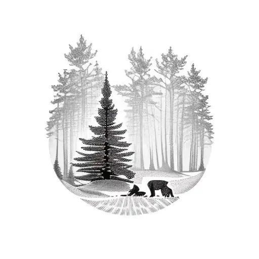 A dotwork design of a serene landscape of up north Michigan, with a white pine tree standing tall in the foreground, and a silhouette of a boxer dog running joyfully in the distance, representing the memories of your grandpas and your loyal companion. tattoo design idea