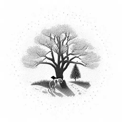 A dotwork design of a serene landscape of up north Michigan, with a white pine tree standing tall in the foreground, and a silhouette of a boxer dog running joyfully in the distance, representing the memories of your grandpas and your loyal companion. tattoo design idea