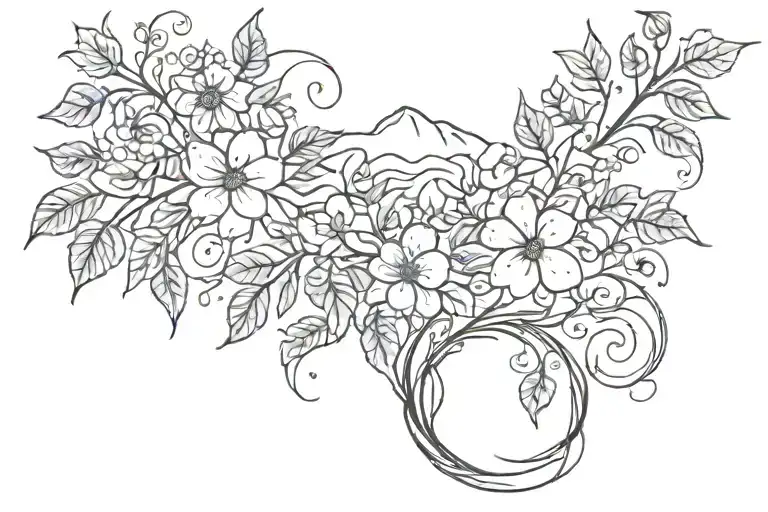 flowers intertwined with vines and leaves combined with other nature elements (trees, mountains, sun) tattoo design idea