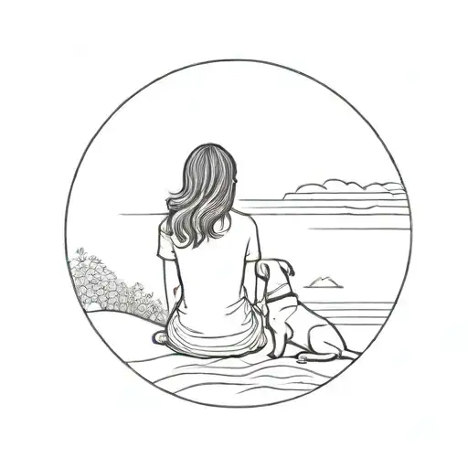 A minimalist tattoo of the back of woman's silhouette, arm around her dog both sitting, watching sunset in distance tattoo design idea
