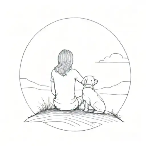 Woman with her arm around her labrador retriever sitting on the hill in the sunset tattoo design idea