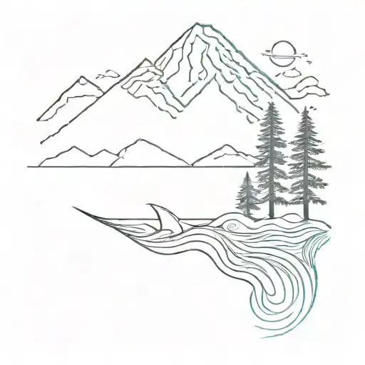mountains, trees, and ocean wave crashing tattoo design idea