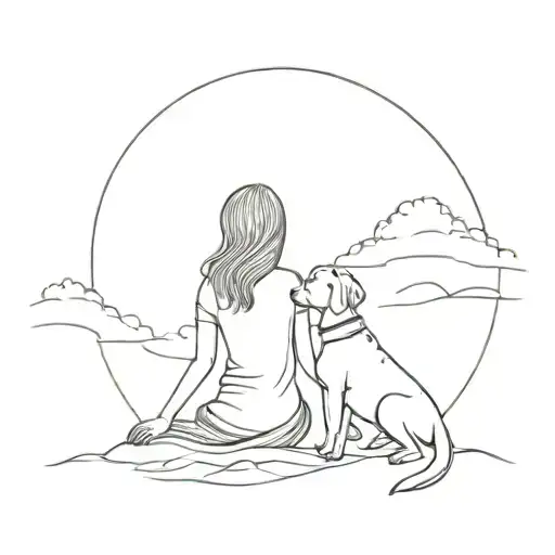 Woman with her labrador retriever sitting on the hill in the sunset tattoo design idea