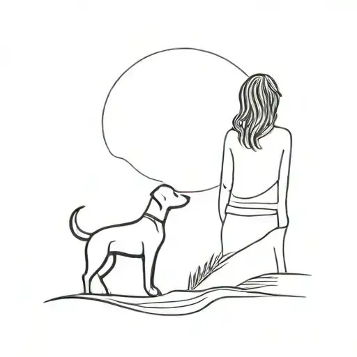 A minimalist tattoo of the back of a woman's silhouette with her arm around her dog on a hill tattoo design idea