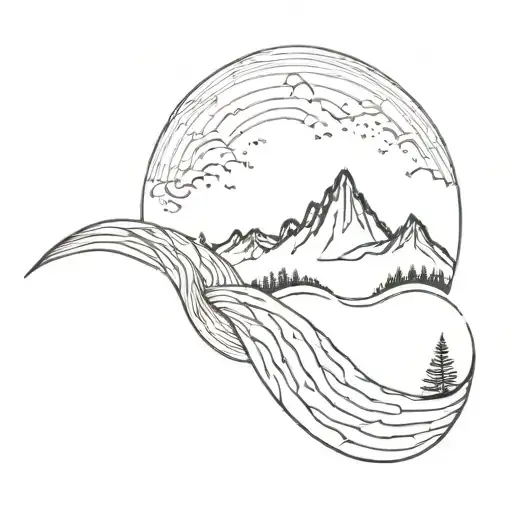 mountains, trees, and ocean wave crashing tattoo design idea