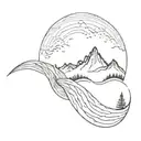 mountains, trees, and ocean wave crashing tattoo design idea