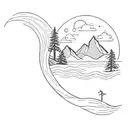 mountains, trees, and ocean wave crashing tattoo design idea