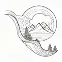 mountains, trees, and ocean wave crashing tattoo design idea