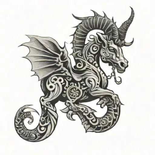 A Capricorn intertwined with a money business raising from hell tattoo design idea