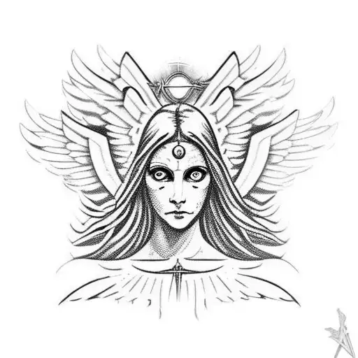 biblical accurate angel of seraphine (Eye in center with 6 wings) in gothic style, wide tattoo design idea