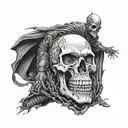 Death opens his cape from which Harley Davidson bikers emerge tattoo design idea