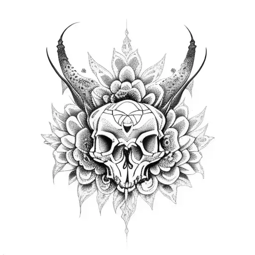 A dotwork tattoo of a gothic-inspired animal skull with intricate floral patterns tattoo design idea