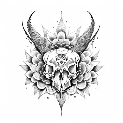 A dotwork tattoo of a gothic-inspired animal skull with intricate floral patterns tattoo design idea