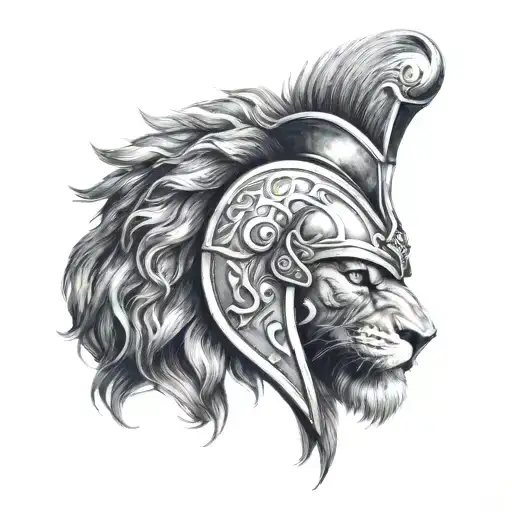A lion wearing a spartan helmet in a fierce battle scene tattoo design idea