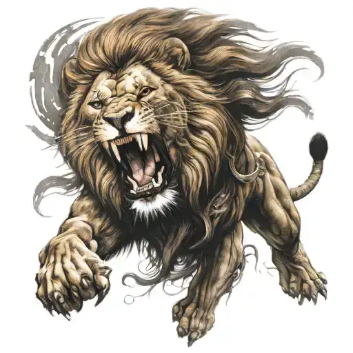 A lion wearing a spartan helmet in a fierce battle scene tattoo design idea