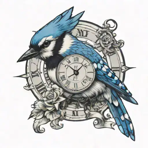 bluejay with clock hands pointing tattoo design idea