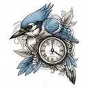 bluejay with clock hands pointing tattoo design idea