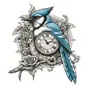 bluejay with clock hands pointing tattoo design idea