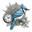 bluejay with clock hands pointing tattoo design idea