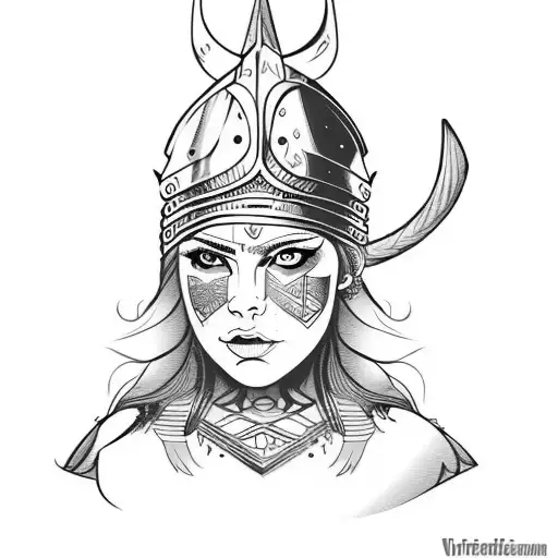 viking warrior woman. eyes and forehead showing and a hat which is a lions head tattoo design idea