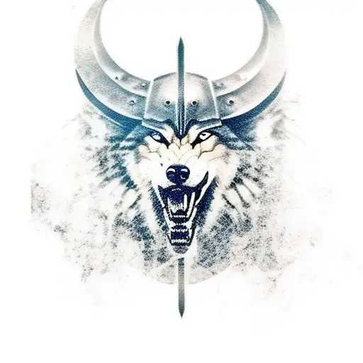 female viking warrior screaming.wolf on her head angry.  tattoo design idea