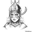viking warrior woman. eyes and forehead showing and a hat which is a lions head tattoo design idea