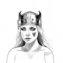viking warrior woman. eyes and forehead showing and a hat which is a lions head tattoo design idea