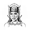 viking warrior woman. eyes and forehead showing and a hat which is a lions head tattoo design idea