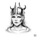 viking warrior woman. eyes and forehead showing and a hat which is a lions head tattoo design idea