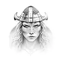 viking warrior woman. eyes and forehead showing and a hat which is a lions head tattoo design idea