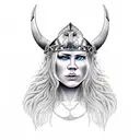 viking warrior woman. eyes and forehead showing and a hat which is a lions head tattoo design idea