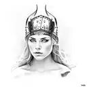 viking warrior woman. eyes and forehead showing and a hat which is a lions head tattoo design idea