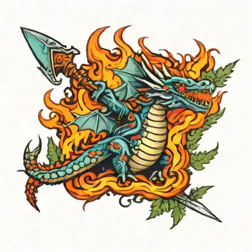 spruce trees on fire with a dragon getting stabbed in the heart with a sword tattoo design idea