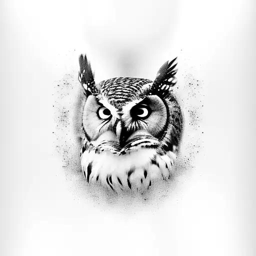 A black and grey portrait of an owl gracefully flying through a water utility pipe tattoo design idea