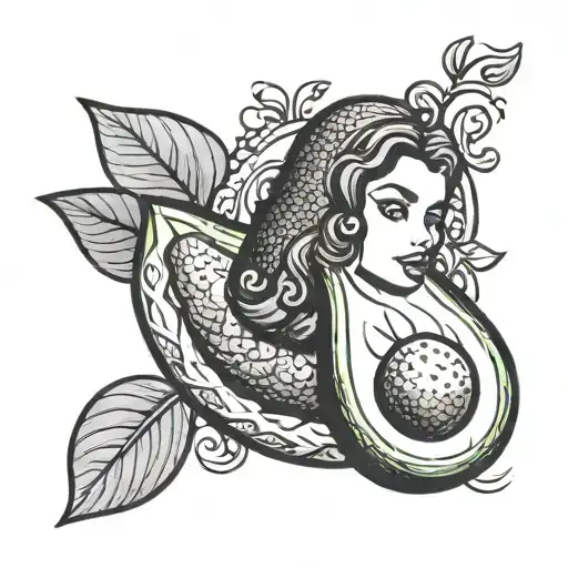 Black and White, Pop-art, Disney, Pinup, A cartoonish drawing of a sexy Avocado looking back and winking tattoo design idea