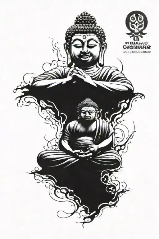 buddha sitting in a meditation pose with  a big scary eye behind him tattoo design idea