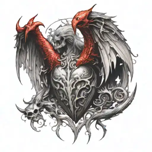 heart with wings spread wide with demon horns and tail  tattoo design idea