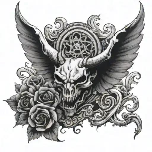 heart with wings spread wide with demon horns and tail  tattoo design idea