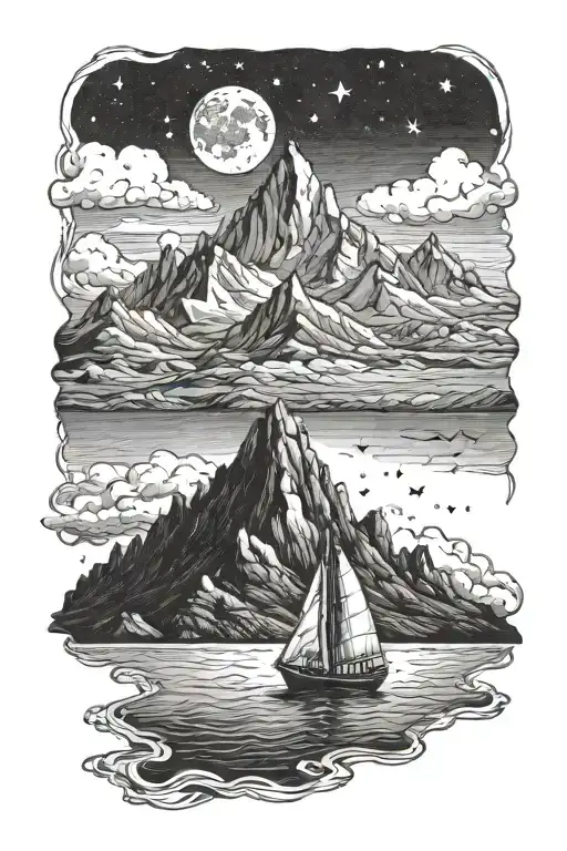 one person on a boat in front of 2 mountains in the night with 3 stars  tattoo design idea