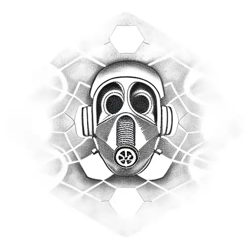 on the shoulder there is a gas mask with an atomic triangle and an applied honeycomb motif. tattoo design idea